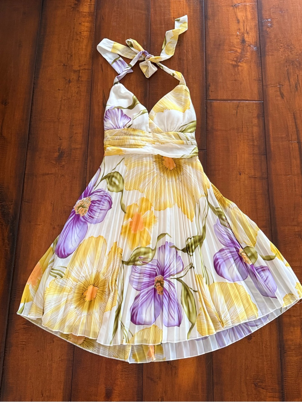 Ruby Rox Cream Halter Mini Dress with Yellow & Purple Floral Pattern